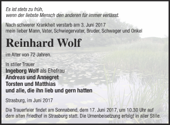 Traueranzeigen Von Reinhard Wolf Trauer Nordkurier