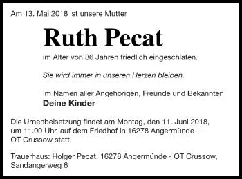 Traueranzeige von Ruth Pecat von Demminer Zeitung