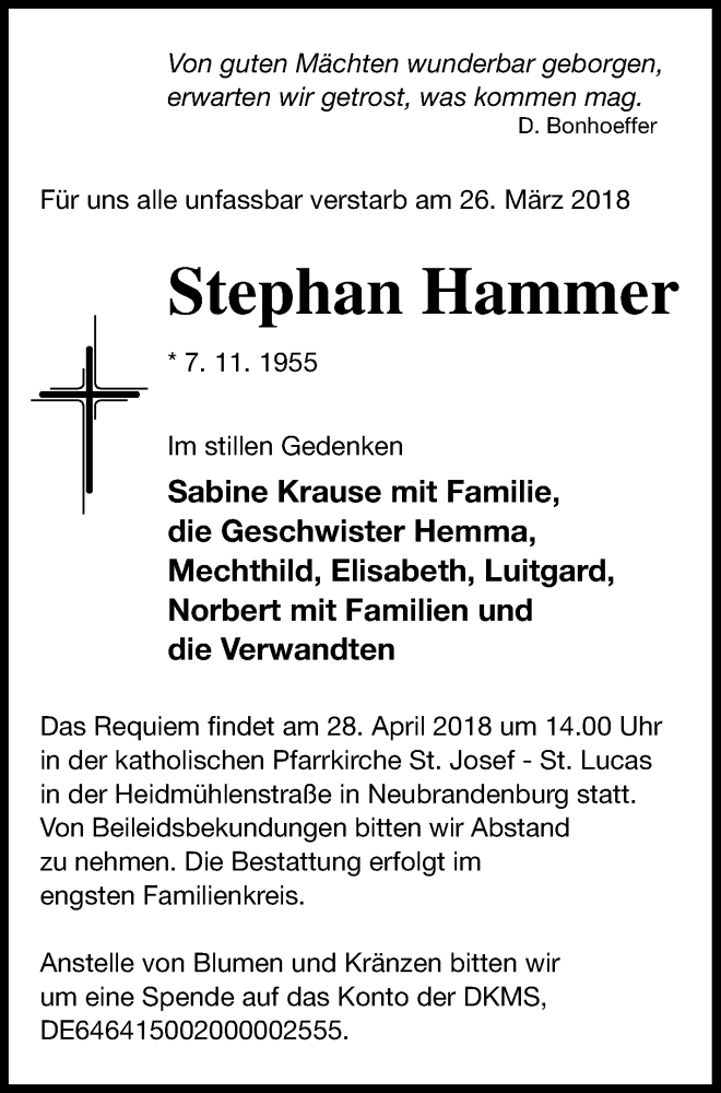  Traueranzeige für Stephan Hammer vom 11.04.2018 aus Neubrandenburger Zeitung