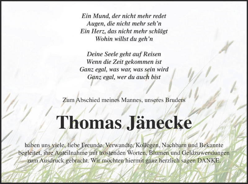 Traueranzeige für Thomas Jänecke vom 13.01.2018 aus Mecklenburger Schweiz