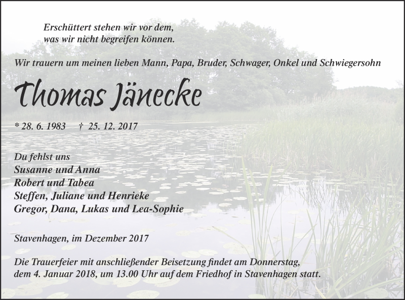  Traueranzeige für Thomas Jänecke vom 30.12.2017 aus Mecklenburger Schweiz