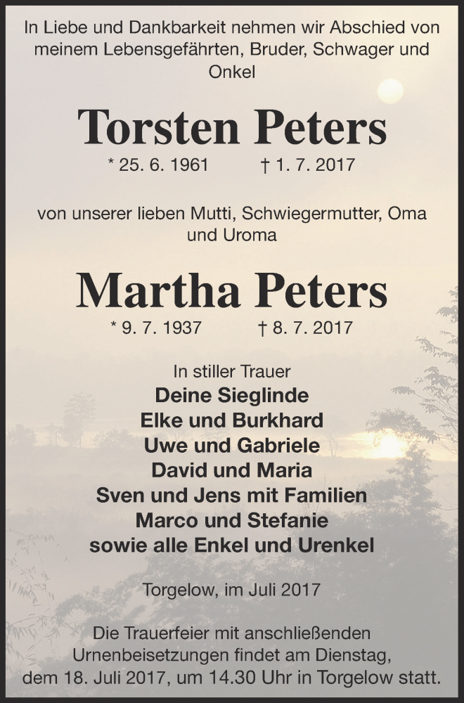  Traueranzeige für Torsten Peters vom 11.07.2017 aus Haff-Zeitung