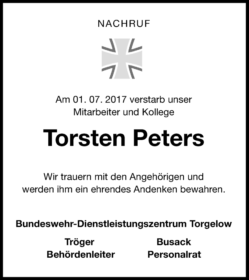  Traueranzeige für Torsten Peters vom 12.07.2017 aus Haff-Zeitung