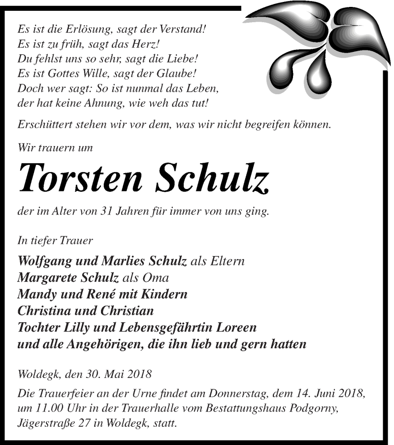  Traueranzeige für Torsten Schulz vom 01.06.2018 aus Strelitzer Zeitung