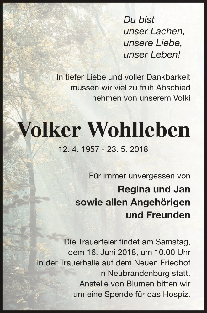  Traueranzeige für Volker Wohlleben vom 01.06.2018 aus Neubrandenburger Zeitung