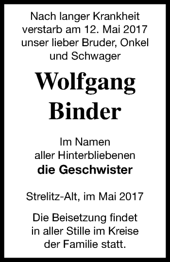 Traueranzeige von Wolfgang Binder von Strelitzer Zeitung