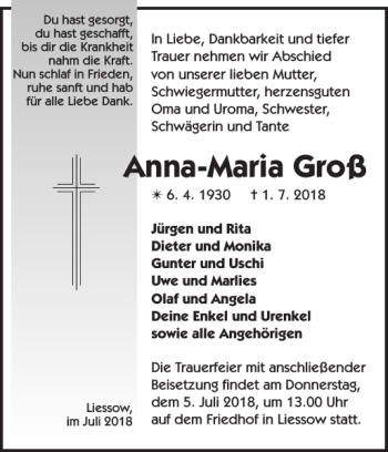 Traueranzeigen Von Anna Maria Gro Trauer Nordkurier