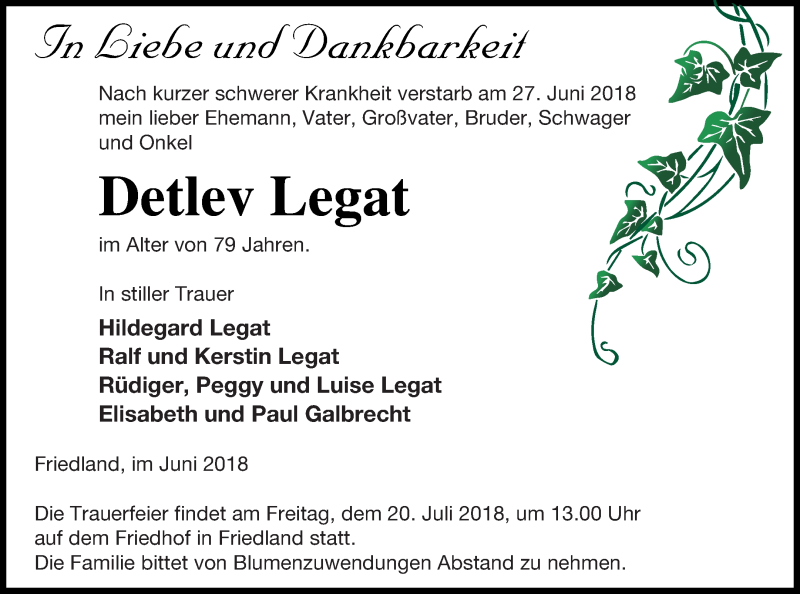  Traueranzeige für Detlev Legat vom 03.07.2018 aus Neubrandenburger Zeitung