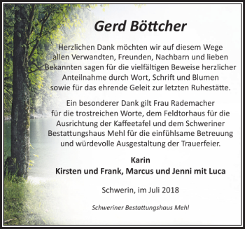 Traueranzeigen von Gerd Böttcher Trauer Nordkurier