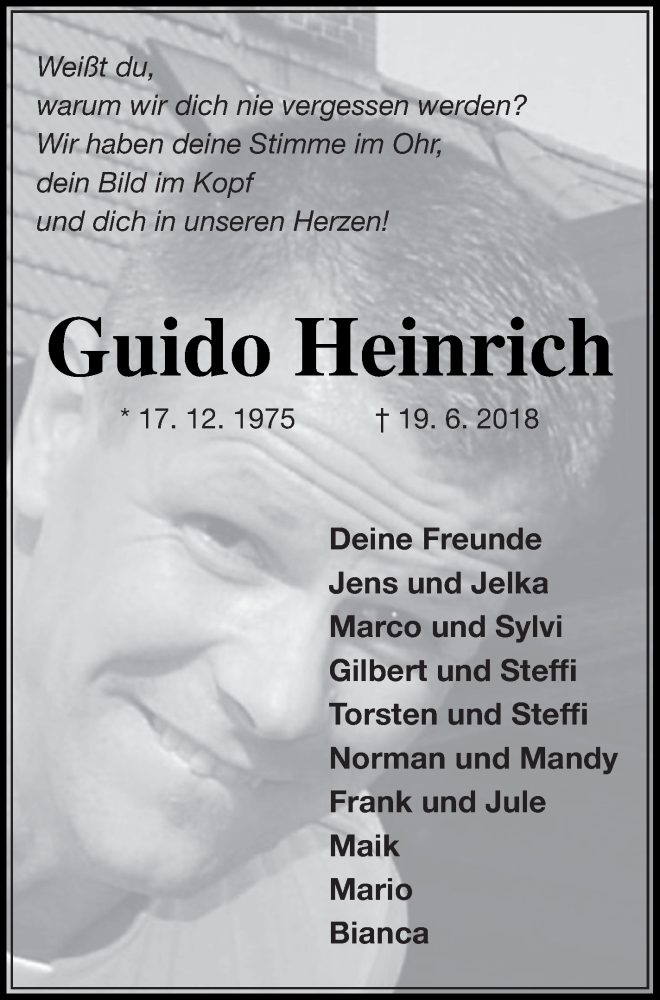  Traueranzeige für Guido Heinrich vom 07.07.2018 aus Strelitzer Zeitung