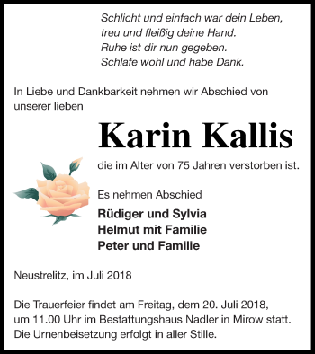 Traueranzeigen Von Karin Kallis Trauer Nordkurier