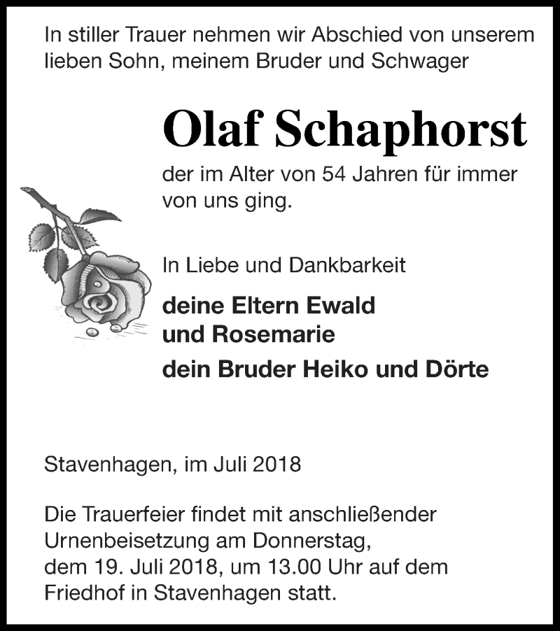  Traueranzeige für Olaf Schaphorst vom 12.07.2018 aus Mecklenburger Schweiz