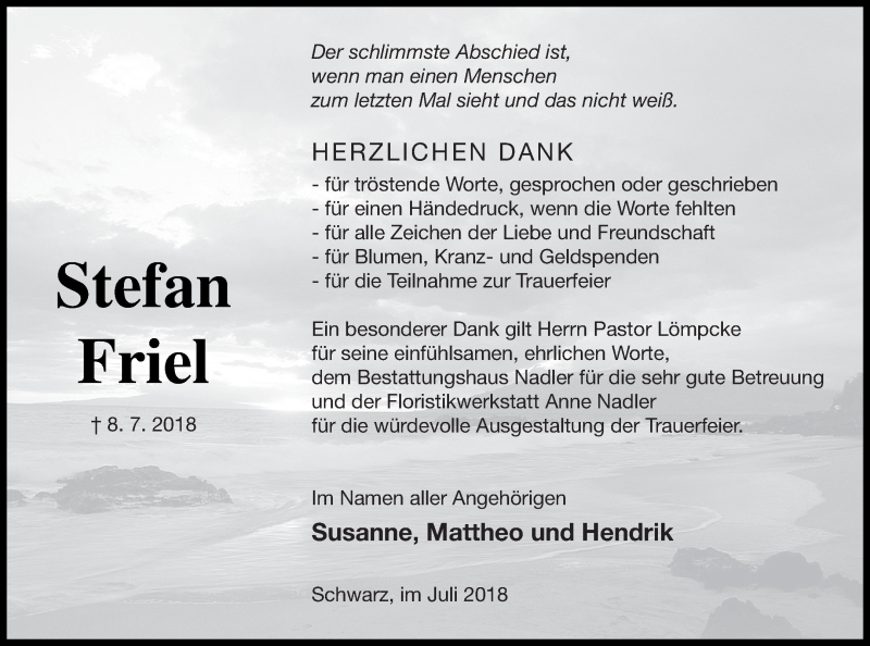  Traueranzeige für Stefan Friel vom 27.07.2018 aus Strelitzer Zeitung