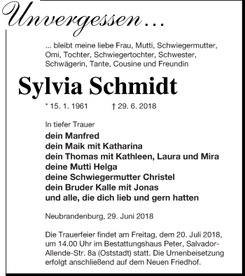 Traueranzeigen Von Sylvia Schmidt Trauer Nordkurier