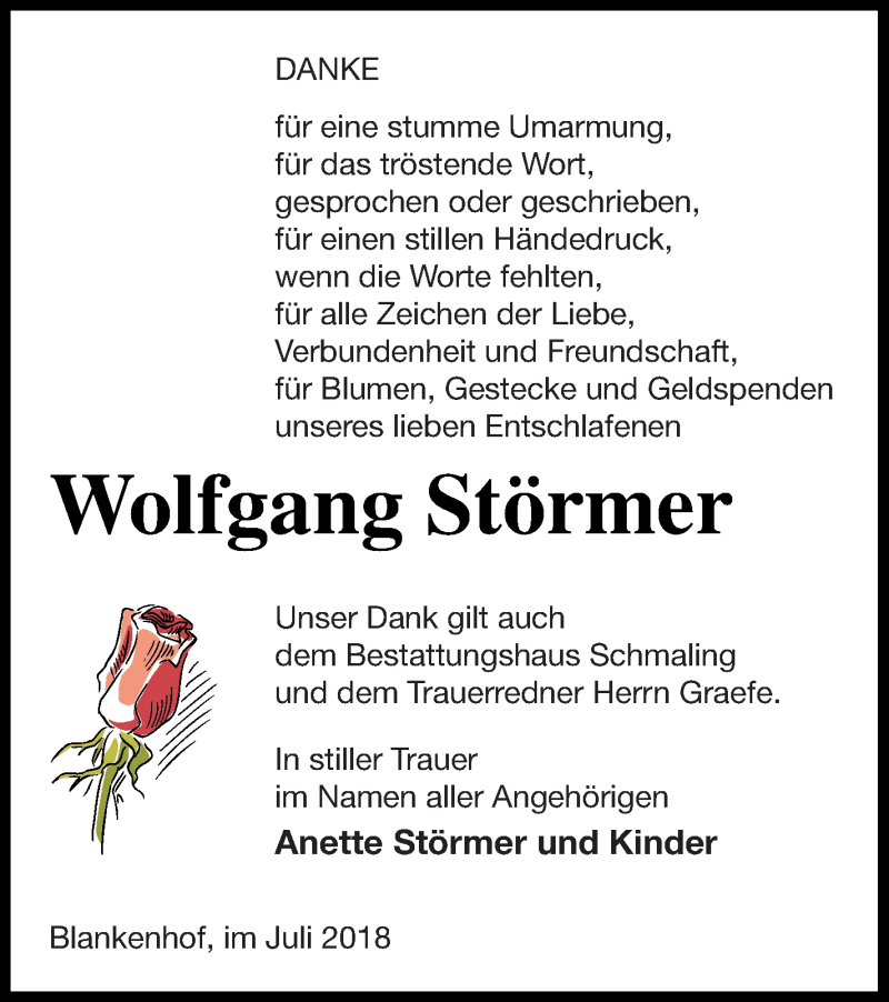 Traueranzeige für Wolfgang Störmer vom 20.07.2018 aus Neubrandenburger Zeitung