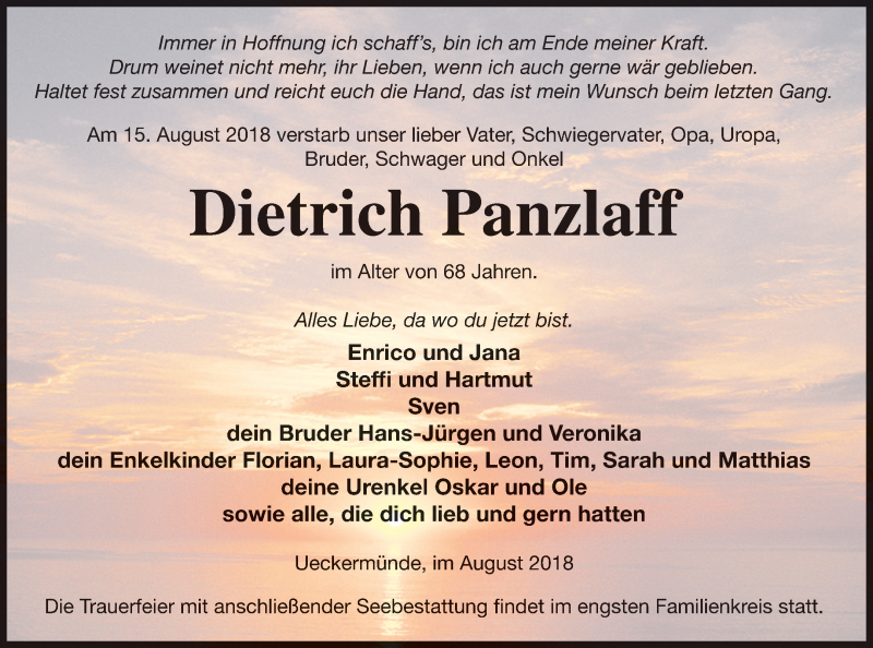  Traueranzeige für Dietrich Panzlaff vom 17.08.2018 aus Haff-Zeitung