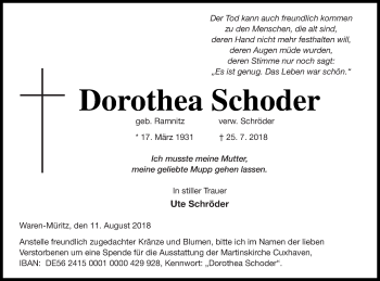 Traueranzeigen Von Dorothea Schoder Trauer Nordkurier