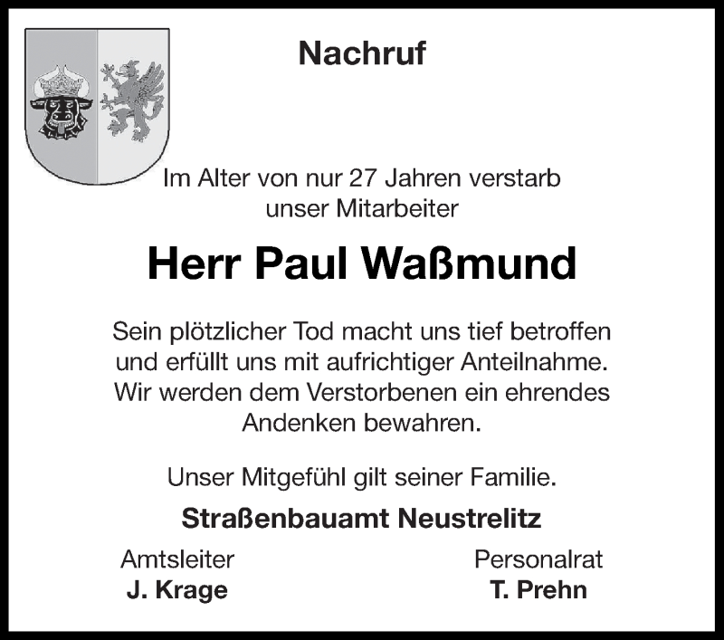  Traueranzeige für Paul Waßmund vom 25.08.2018 aus Nordkurier Gesamtausgabe