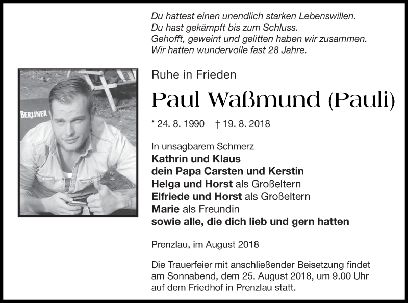 Traueranzeige für Paul Waßmund vom 22.08.2018 aus Prenzlauer Zeitung
