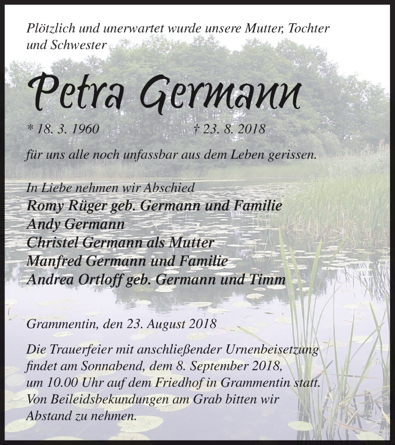  Traueranzeige für Petra Germann vom 28.08.2018 aus Mecklenburger Schweiz