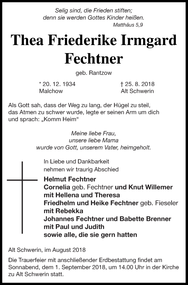  Traueranzeige für Thea Friederike Irmgard Fechtner vom 29.08.2018 aus Müritz-Zeitung