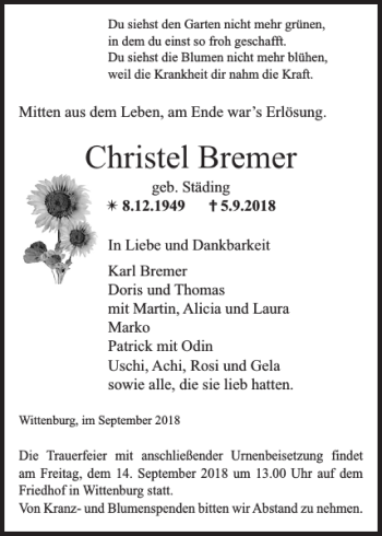 Traueranzeigen Von Christel Bremer Trauer Nordkurier