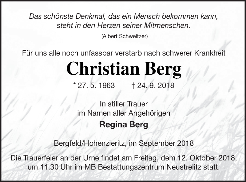  Traueranzeige für Christian Berg vom 28.09.2018 aus Strelitzer Zeitung