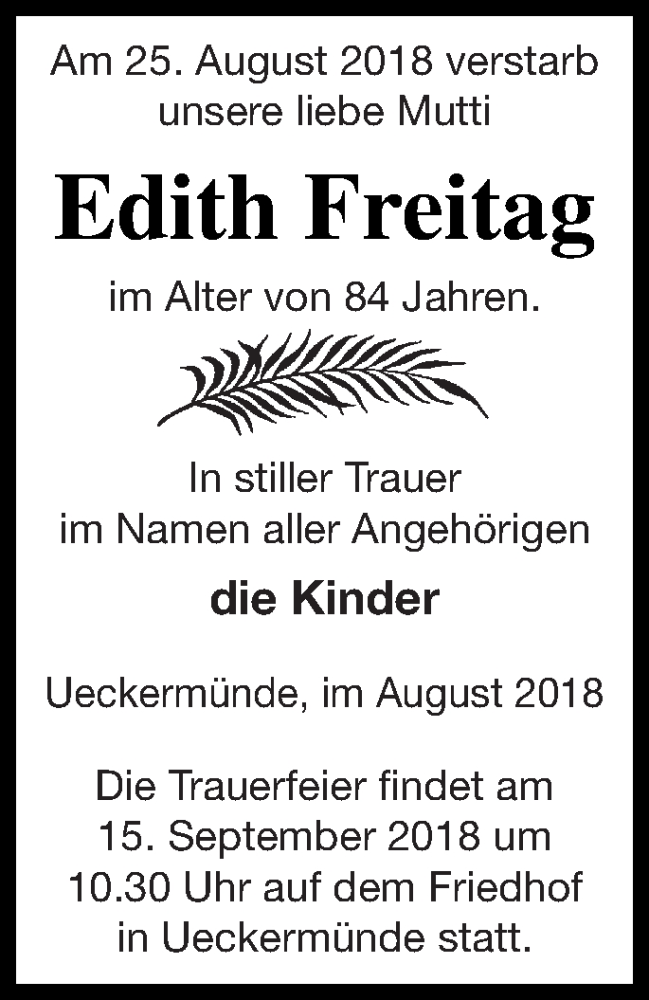  Traueranzeige für Edith Freitag vom 01.09.2018 aus Haff-Zeitung