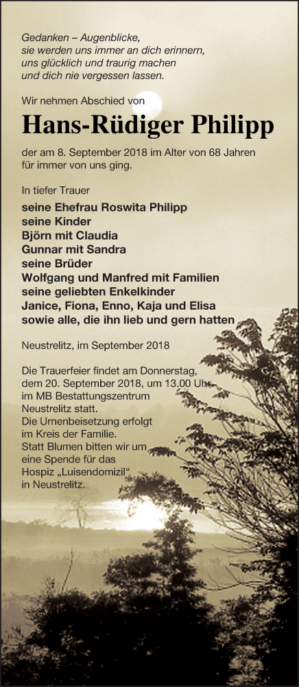  Traueranzeige für Hans-Rüdiger Philipp vom 12.09.2018 aus Strelitzer Zeitung