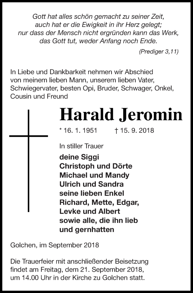 Traueranzeige für Harald Jeromin vom 18.09.2018 aus Nordkurier Gesamtausgabe