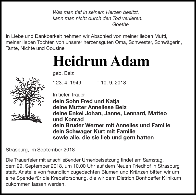  Traueranzeige für Heidrun Adam vom 22.09.2018 aus Pasewalker Zeitung