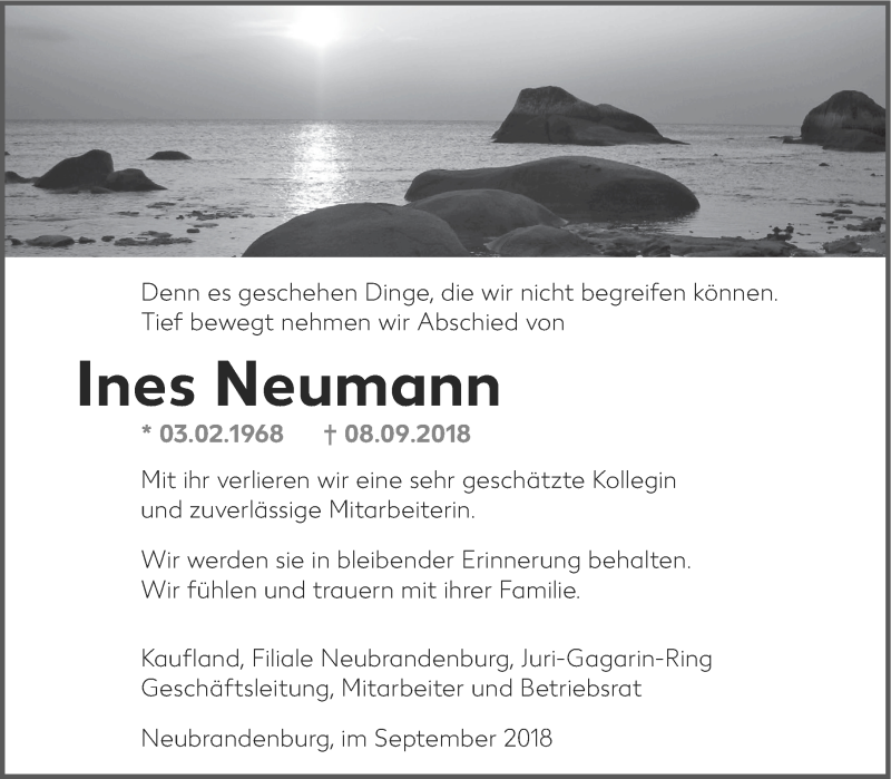  Traueranzeige für Ines Neumann vom 15.09.2018 aus Neubrandenburger Zeitung