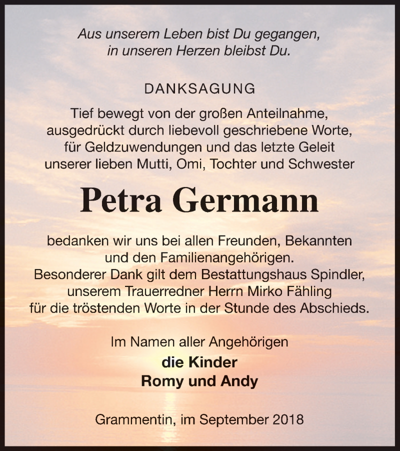  Traueranzeige für Petra Germann vom 19.09.2018 aus Mecklenburger Schweiz