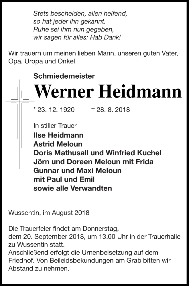  Traueranzeige für Werner Heidmann vom 01.09.2018 aus Vorpommern Kurier