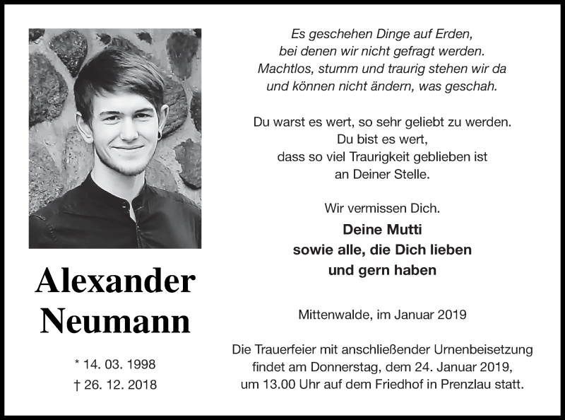  Traueranzeige für Alexander Neumann vom 08.01.2019 aus Prenzlauer Zeitung