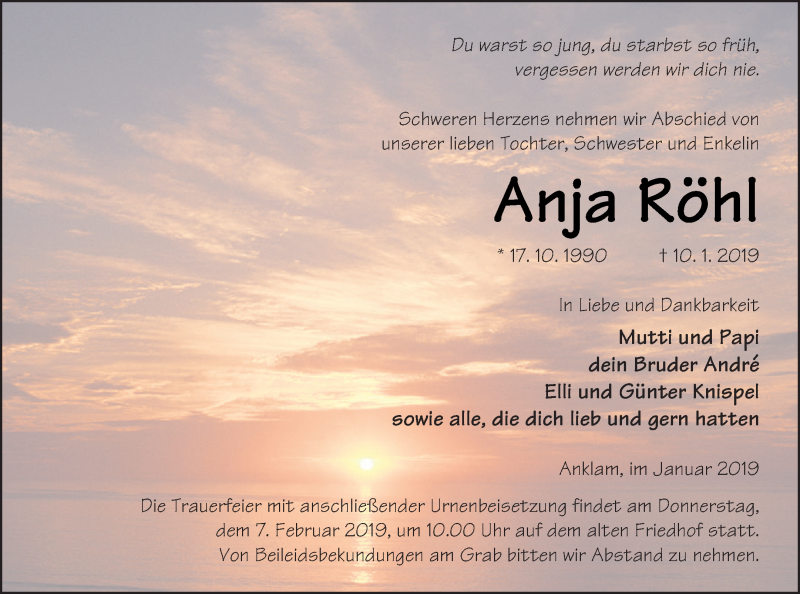  Traueranzeige für Anja Röhl vom 19.01.2019 aus Vorpommern Kurier