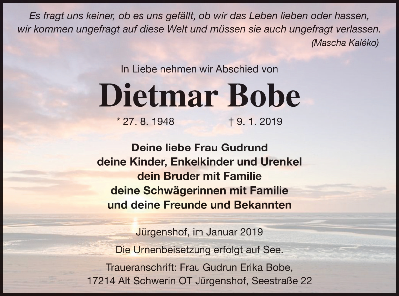  Traueranzeige für Dietmar Bobe vom 15.01.2019 aus Müritz-Zeitung