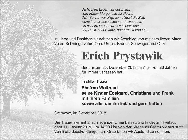  Traueranzeige für Erich Prystawik vom 04.01.2019 aus Prenzlauer Zeitung