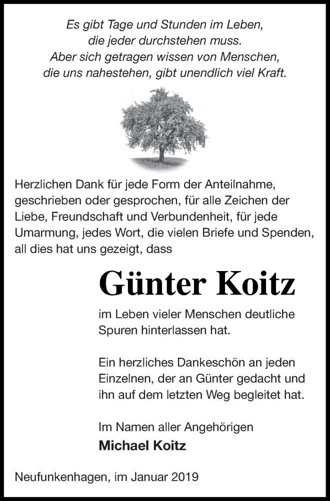  Traueranzeige für Günter Koitz vom 19.01.2019 aus Templiner Zeitung
