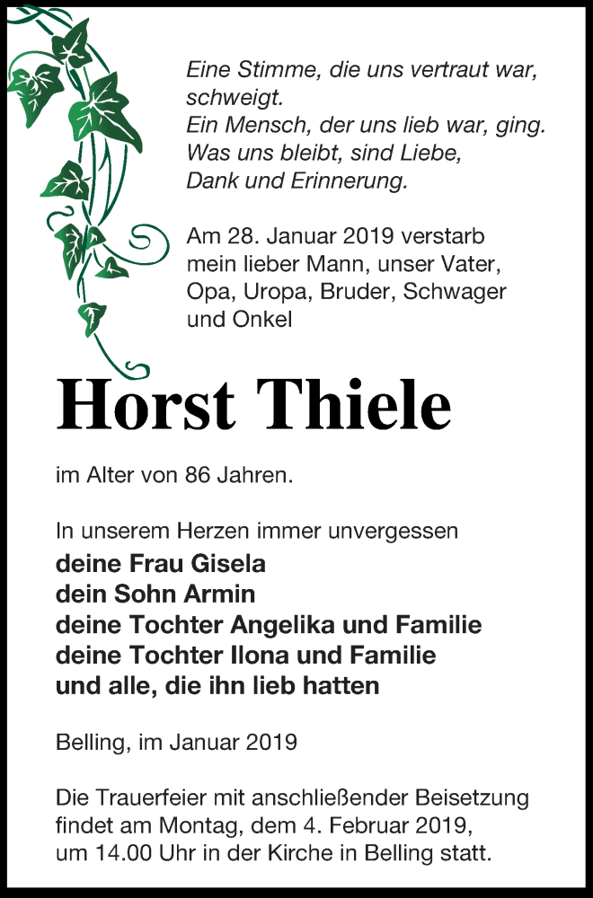  Traueranzeige für Horst Thiele vom 31.01.2019 aus Pasewalker Zeitung
