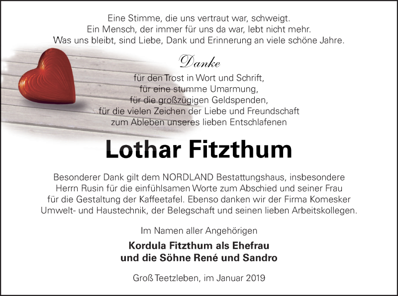  Traueranzeige für Lothar Fitzthum vom 25.01.2019 aus Neubrandenburger Zeitung