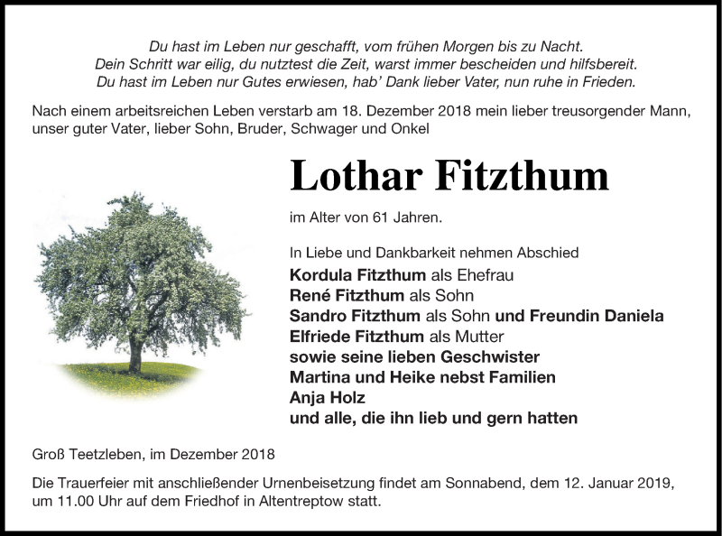  Traueranzeige für Lothar Fitzthum vom 03.01.2019 aus Neubrandenburger Zeitung
