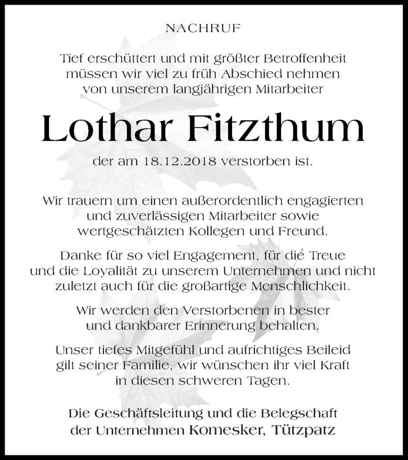  Traueranzeige für Lothar Fitzthum vom 10.01.2019 aus Neubrandenburger Zeitung