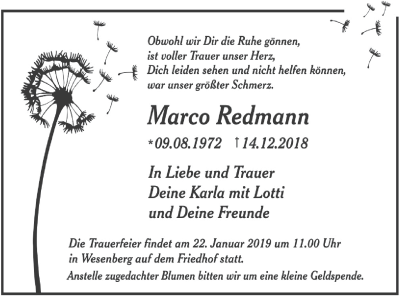  Traueranzeige für Marco Redmann vom 16.01.2019 aus Strelitzer Zeitung