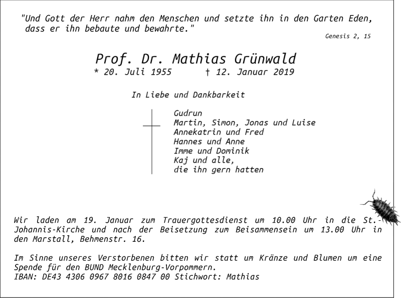  Traueranzeige für Mathias Grünwald vom 16.01.2019 aus Neubrandenburger Zeitung