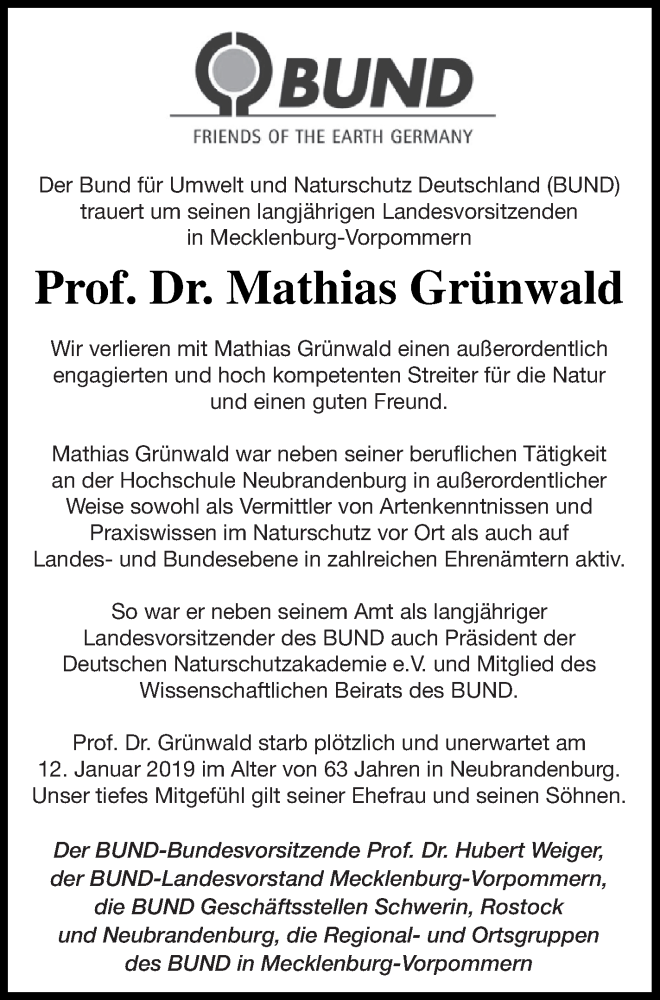  Traueranzeige für Mathias Grünwald vom 19.01.2019 aus Nordkurier Gesamtausgabe