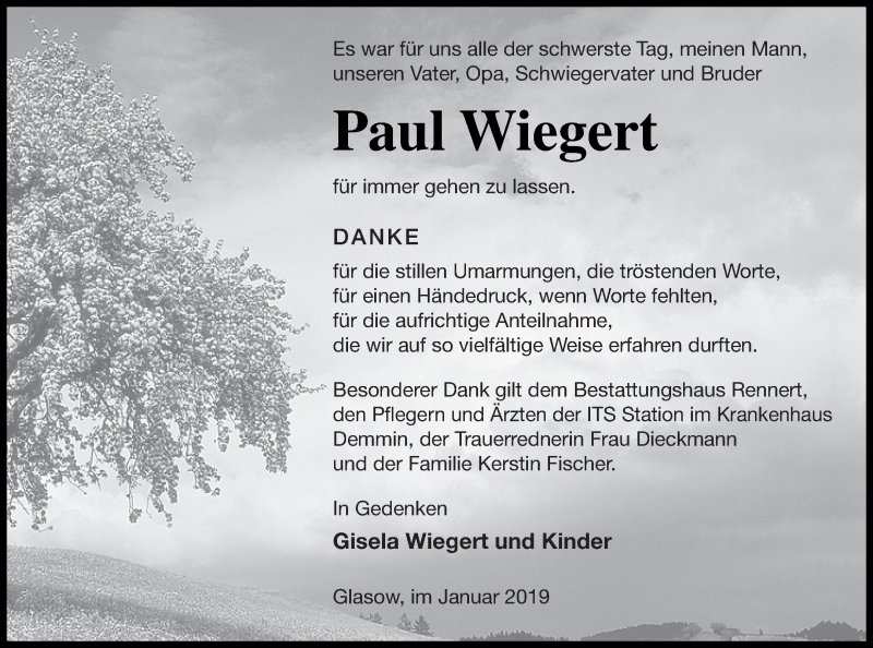  Traueranzeige für Paul Wiegert vom 11.01.2019 aus Mecklenburger Schweiz