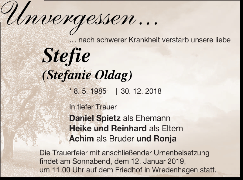  Traueranzeige für Stefanie Oldag vom 05.01.2019 aus Müritz-Zeitung