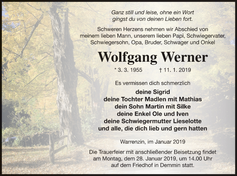  Traueranzeige für Wolfgang Werner vom 16.01.2019 aus Demminer Zeitung