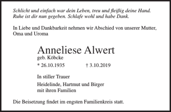 Traueranzeigen Von Anneliese Alwert Trauer Nordkurier